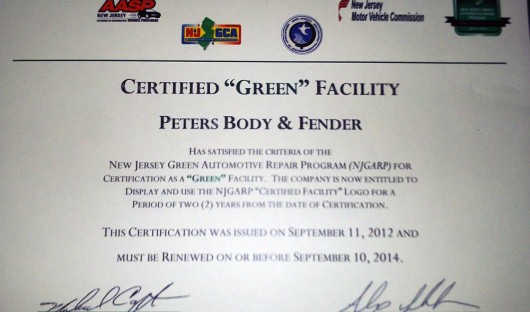 NJ-Green-Auto-repair-certificate-Peters-Body-Fender